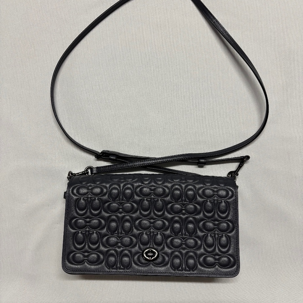 Coach Embossed Signature Leather Crossbody  - Dark Navy Blue